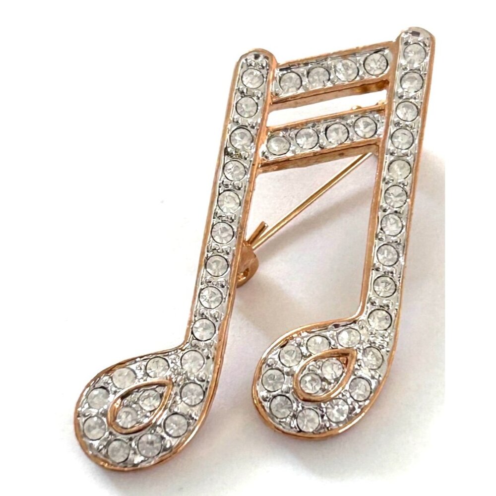 Clear Rhinestone Musical Note Brooch Pin Gold Tone Signed Roman